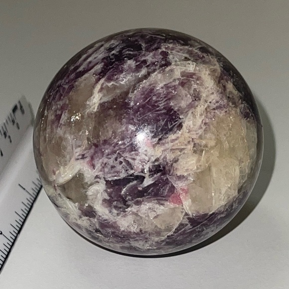 Lepidolite Sphere with Smoky Quartz and Tourmaline inclusions - Picture 8 of 10